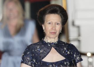 Princess Anne wearing a blue dress with a pearl choker on April 28, 2011