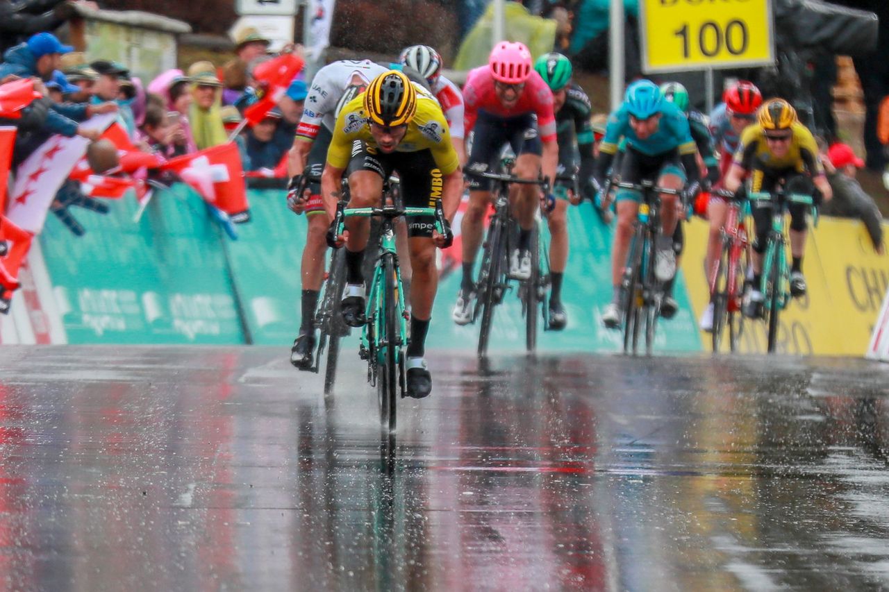 Primoz Roglic (Jumbo-Visma) kicks for home.