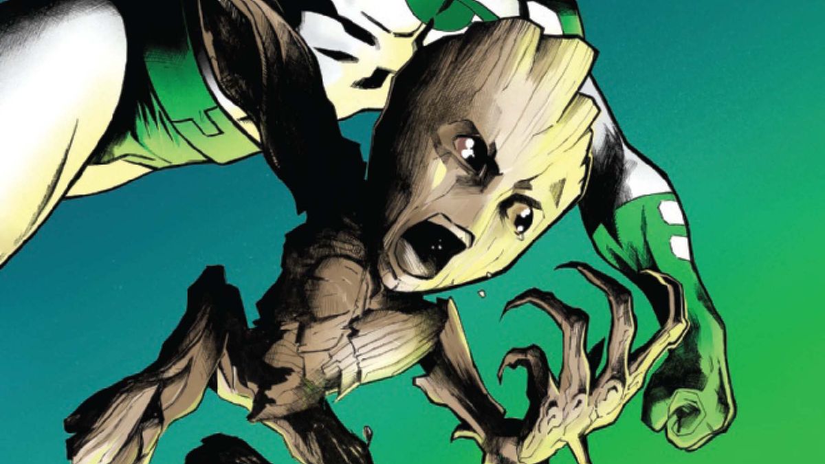 Groot leaping through the air.