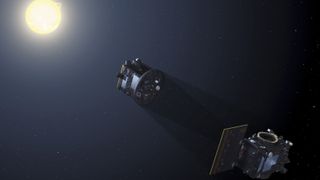 The spacecraft orientate themselves so the Occulter blocks out sun from the Coronagraph