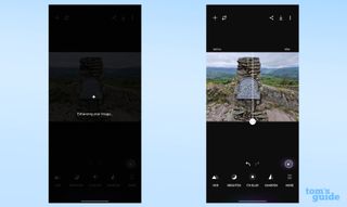 Two screenshots of the Samsung Galaxy Enhance-X app making automated edits to an image