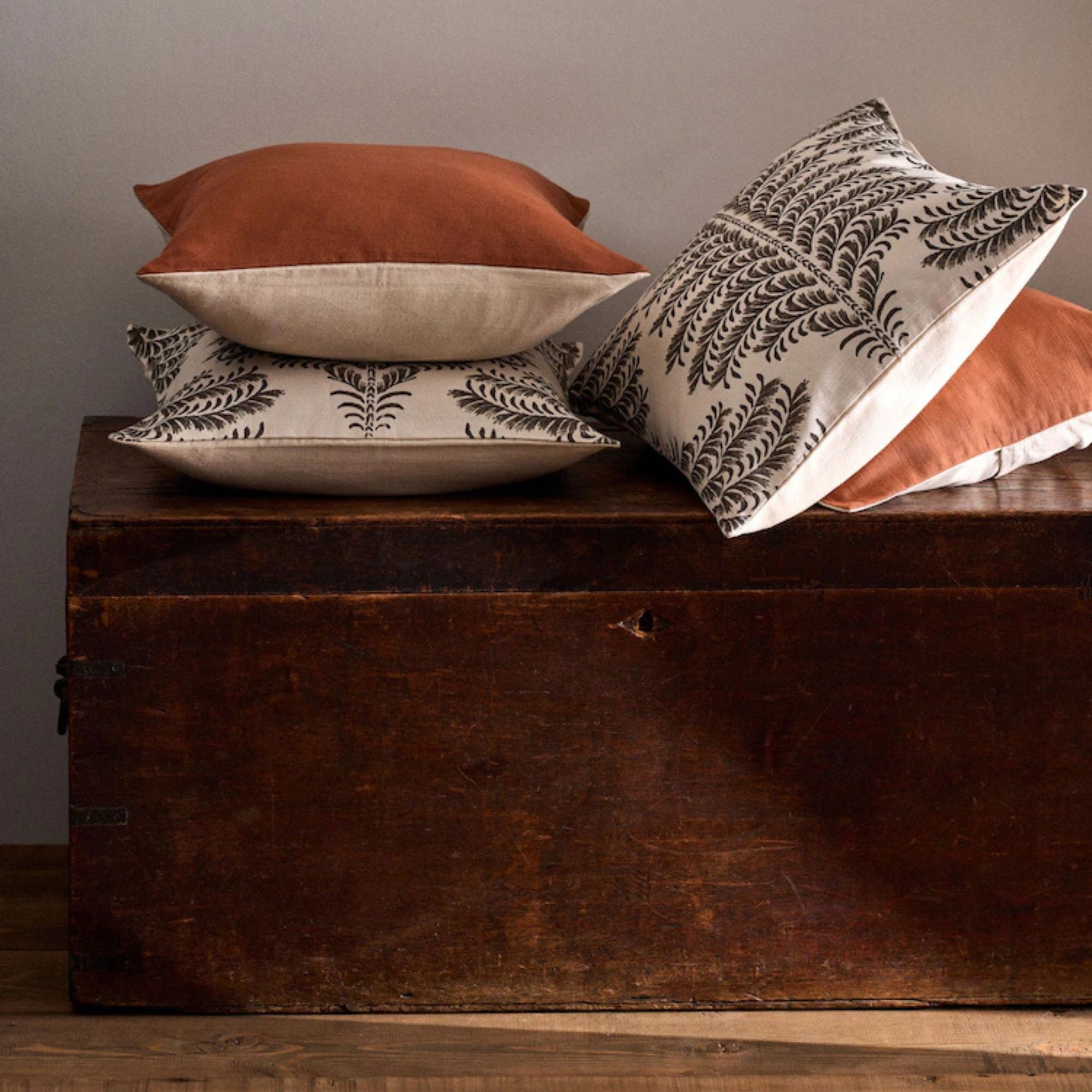 The Set , Rust/Natural Palm Printed Cotton Cushion Covers, Set of 4