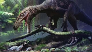 A herrerasaurid dinosaur in the jungle threatens rodents with its gaping jaws.