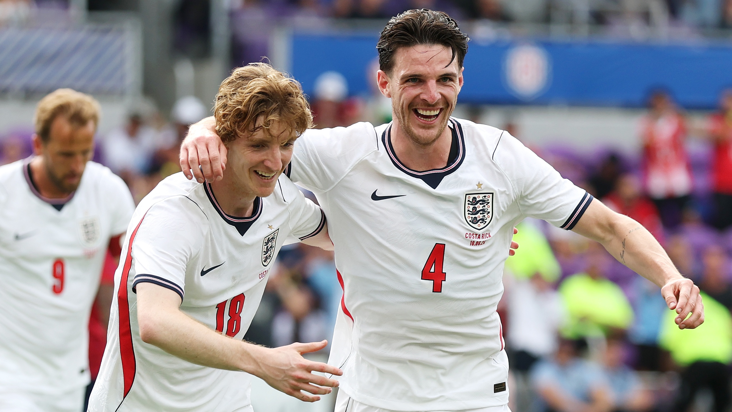 Declan Rice of England celebrates scoring his team's first goal with Anthony Gordon in the Friendly between England and Costa Rica at Inter&amp;Co Stadium on June 10, 2026 in Orlando, Florida