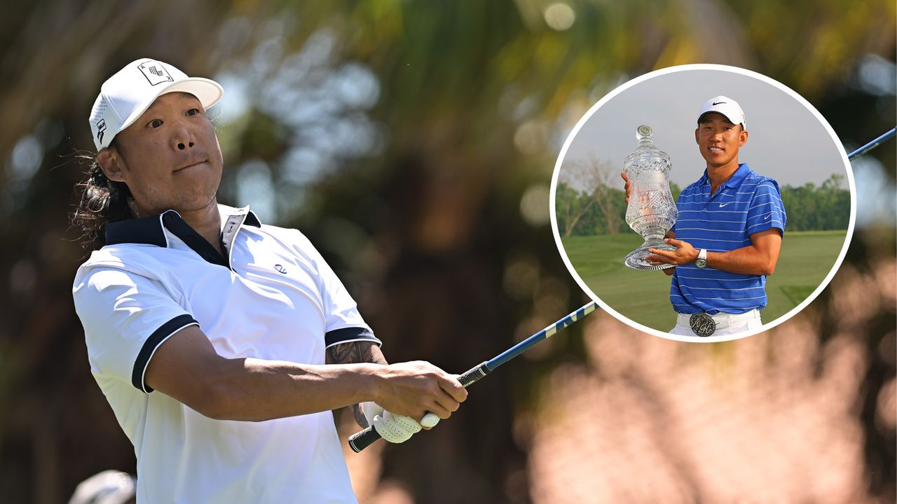 Anthony Kim hits a drive and an inset of him holding the Houston Open trophy in 2010