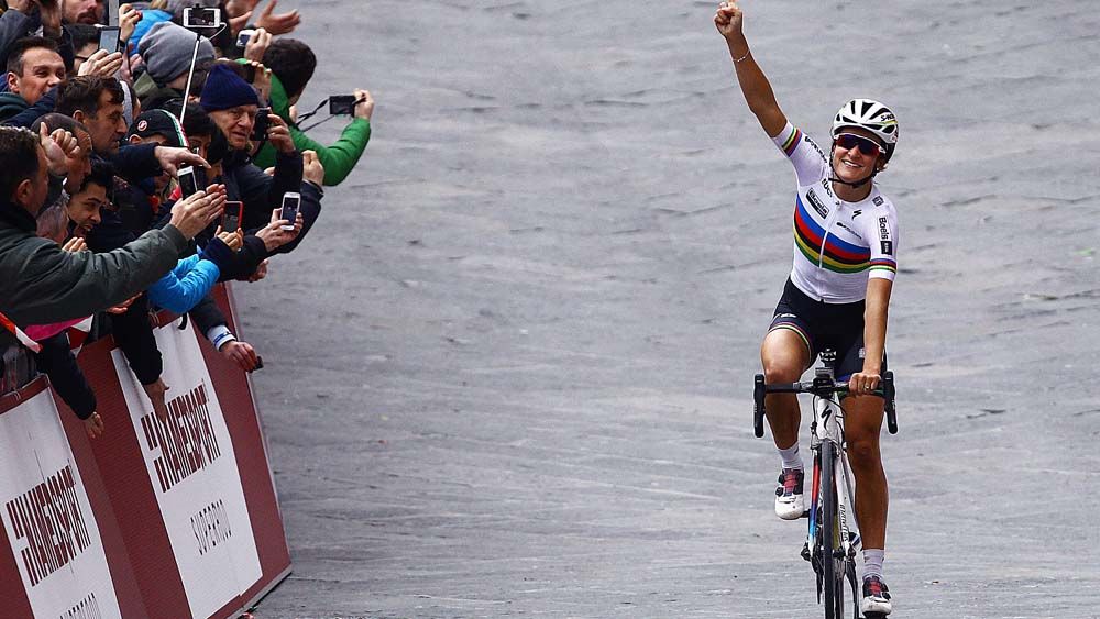 Lizzie Deignan (nee Armitstead) celebrates victory at Strade Bianche, the first round of the inaugural Women's WorldTour