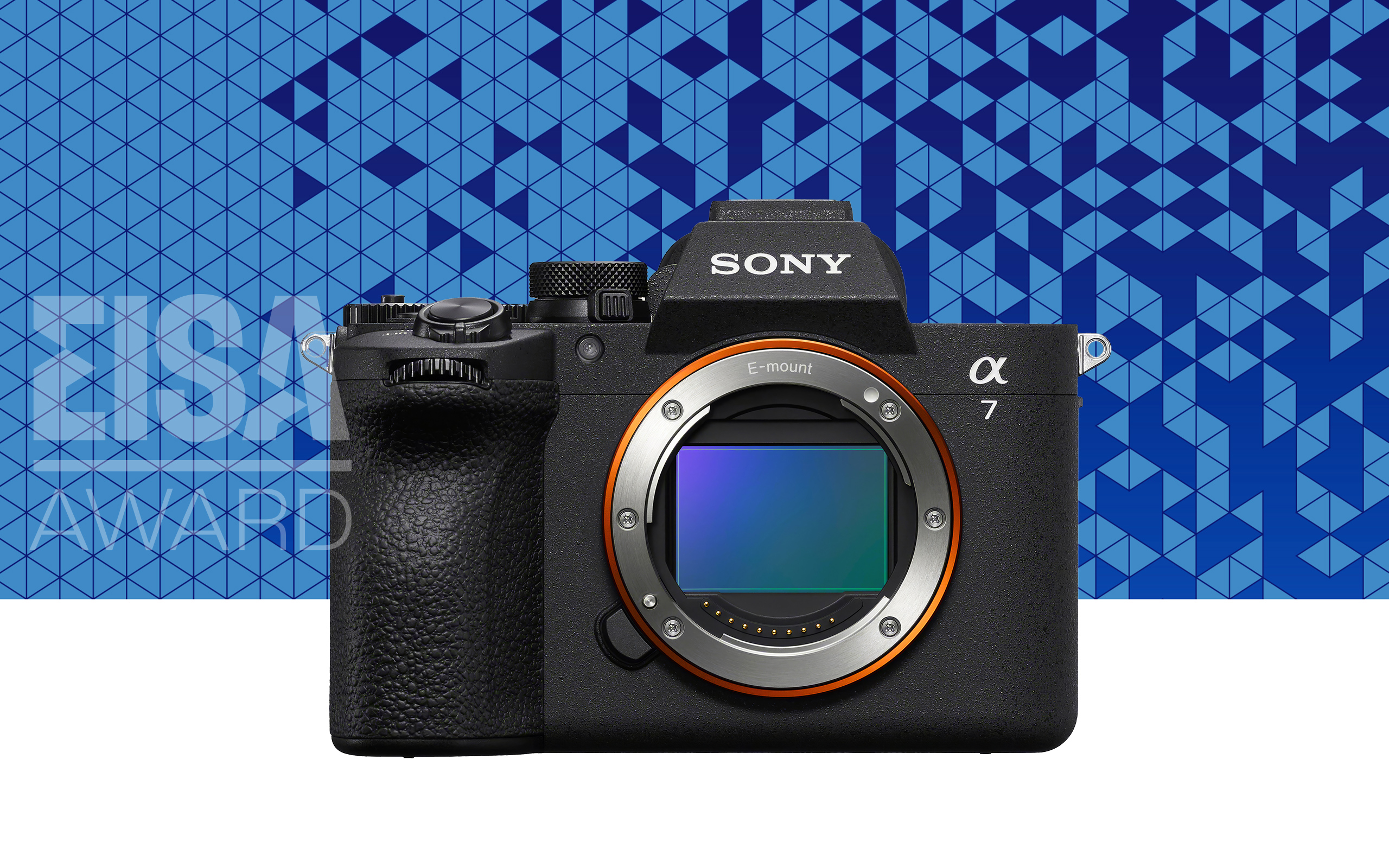 Sony &amp;alpha;7 mirrorless camera body without lens, shown against a blue geometric patterned background with EISA Award text