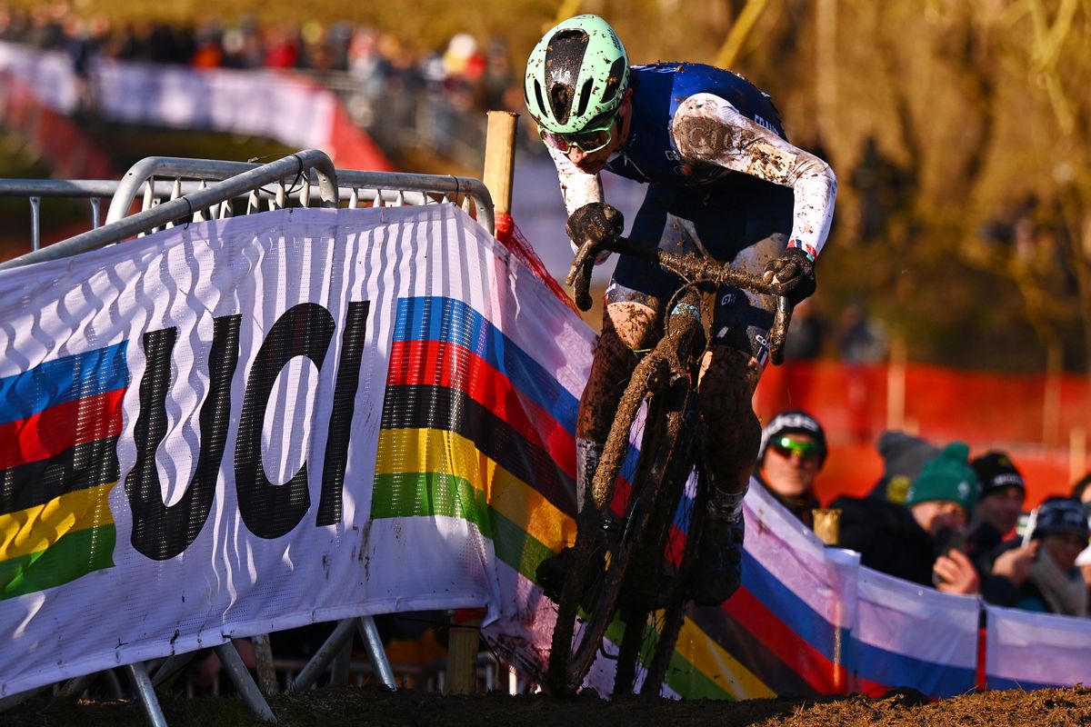 Soren Bruy&egrave;re Joumard rides one of the steep mud banks for France