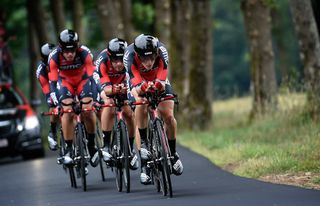 Rohan Dennis on the front of the BMC team time trial squad at Dauphine.