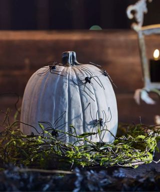 pumpkin painted gray with iron spiders staked into it