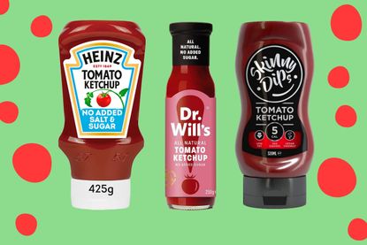 healthy ketchups on a green background with red dots