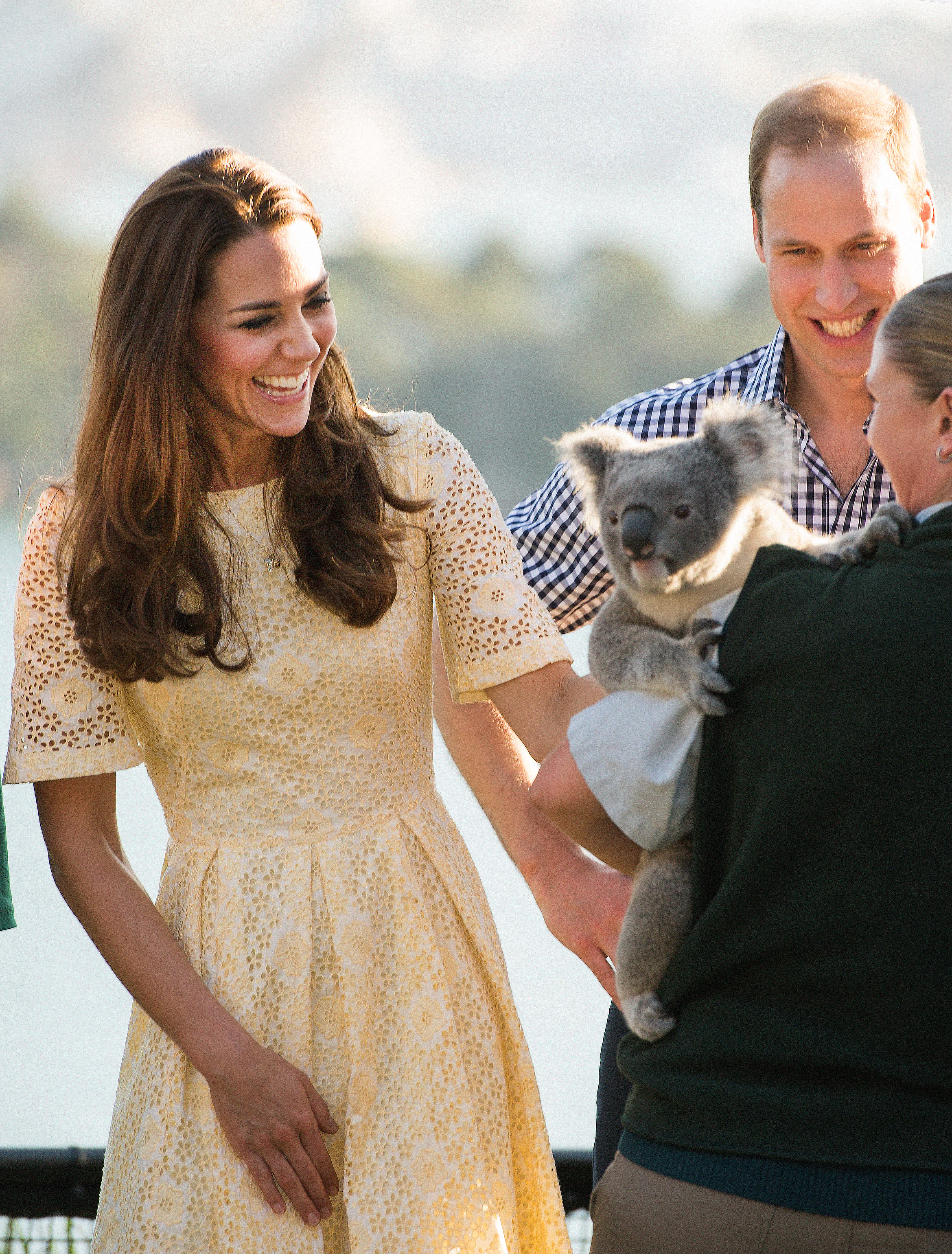 Princess Kate in a yellow dress smiling at a koala with Prince William