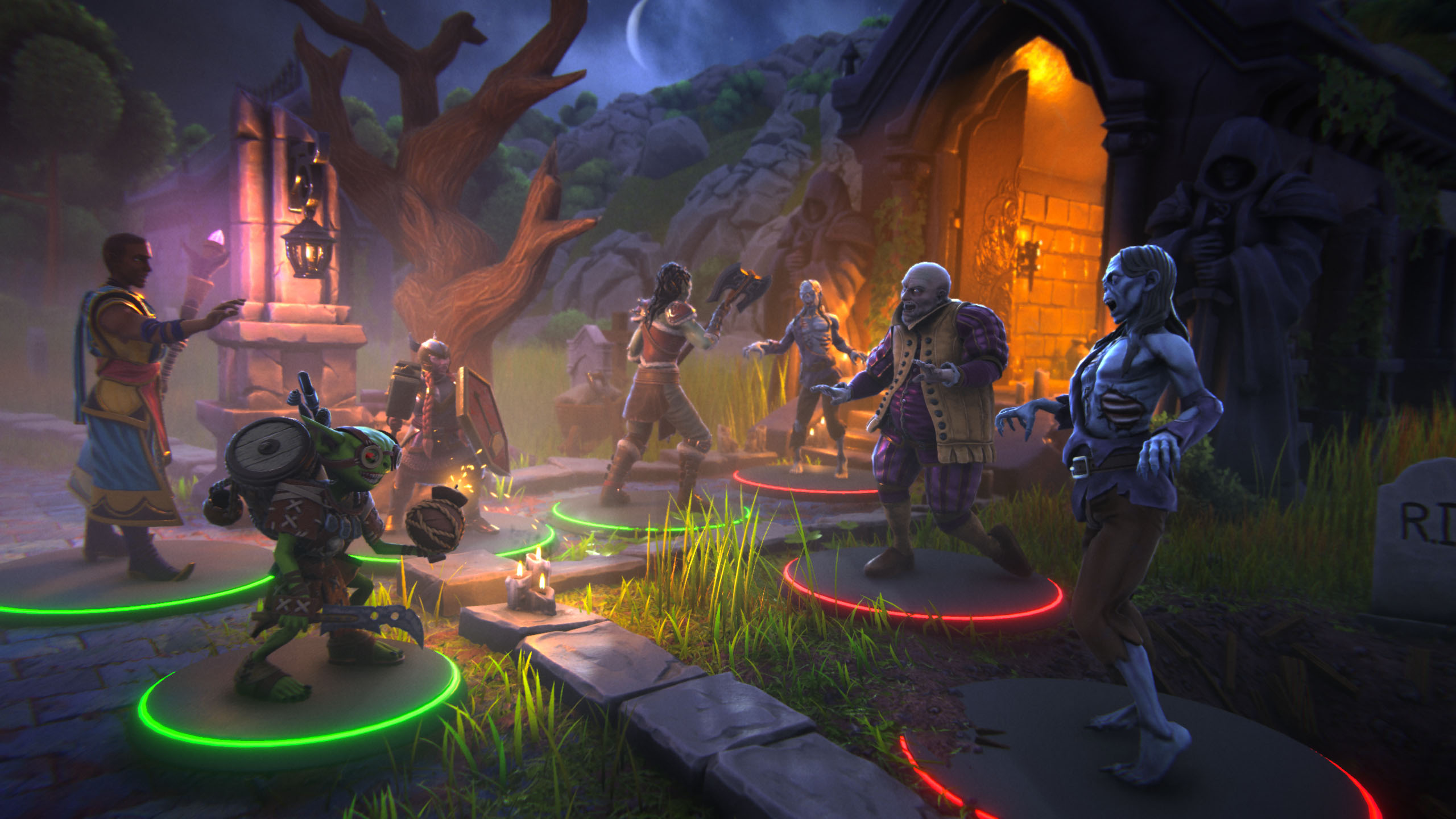 Pathfinder miniature party faces off against undead enemies at moonlit crypt