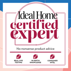 Ideal Home certified expert logo on a white square with a pink and blue abstract patterned border