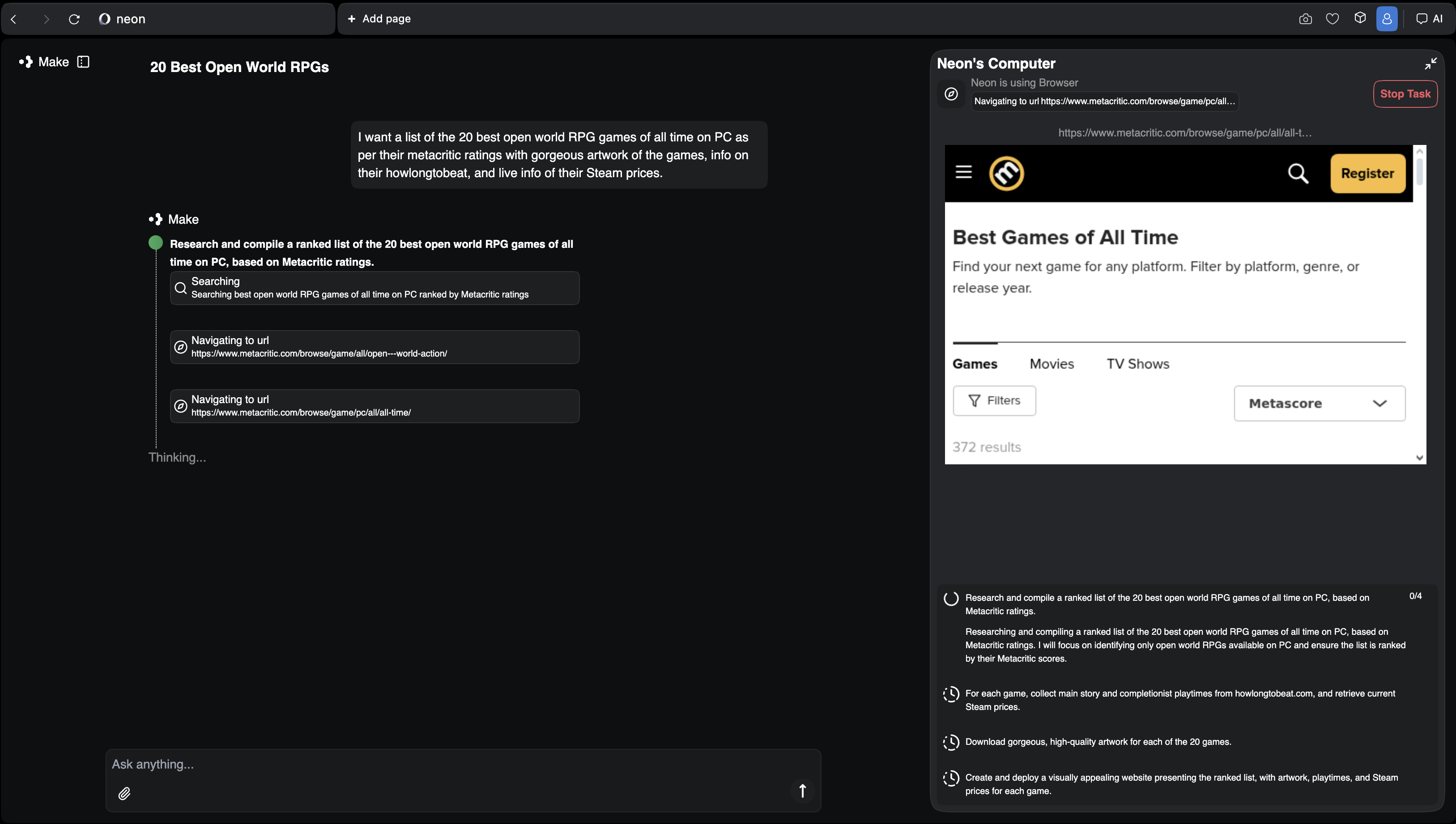 Opera Neon AI browser task