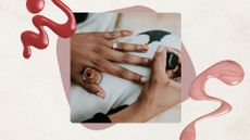 A close-up of someone applying a caramel-brown nail polish colour to their nails with a nail polish brush/ in a cream template with two stock images of nail polish spills.