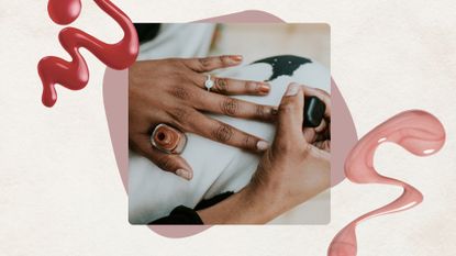 A close-up of someone applying a caramel-brown nail polish colour to their nails with a nail polish brush/ in a cream template with two stock images of nail polish spills.