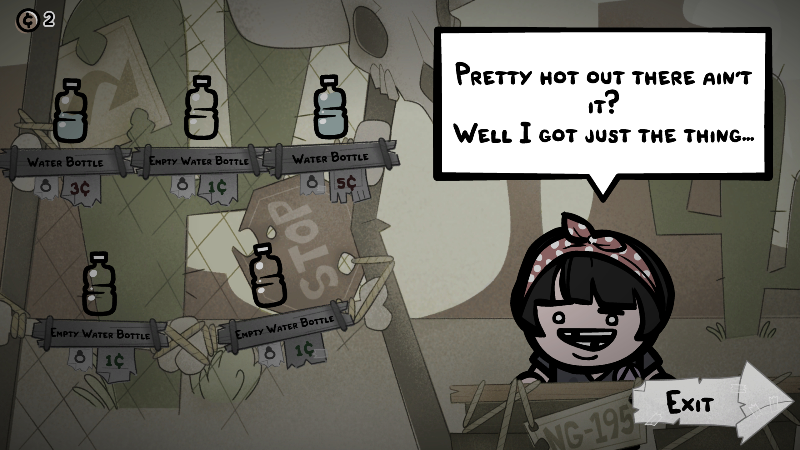 Mewgenics Desert Heat Wave: Water bottles for sale at a merchant.