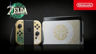 The Nintendo Switch OLED with gold Joy-Cons and a white dock featuring graphics from The Legend of Zelda: Tears of the Kingdom