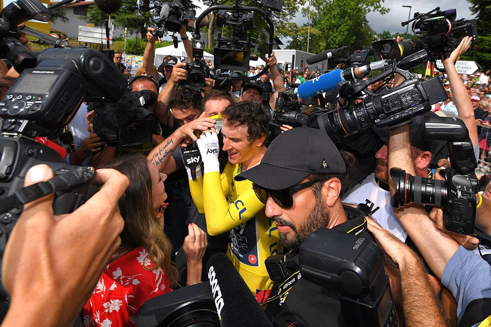 Geraint Thomas (Team Sky) surrounded by media after the stage 20 time trial at the Tour de France