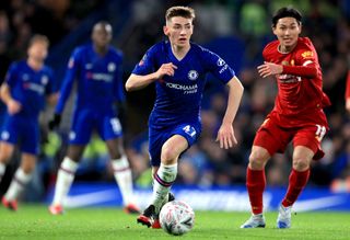 Chelsea’s Billy Gilmour (centre) and Liverpool’s Takumi Minamino (right) during the FA Cup fifth round