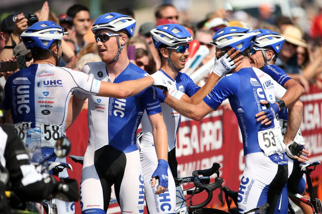 The UnitedHealthcare riders celebrate stage 7 victory via John Murphy
