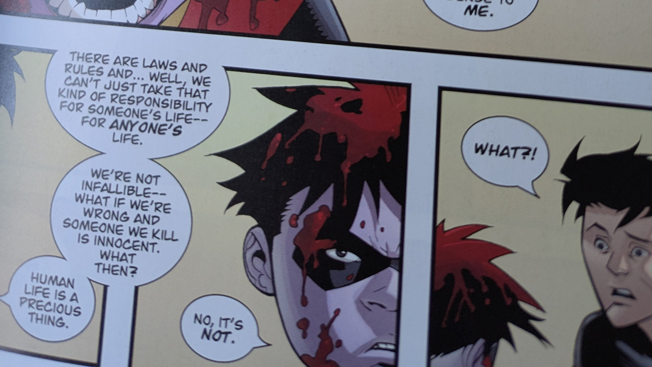 A screenshot of some Invincible comic book panels showing Oliver and Mark angrily talking to each other