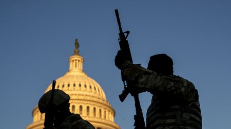 National Guard patrol outside the Capitol building.