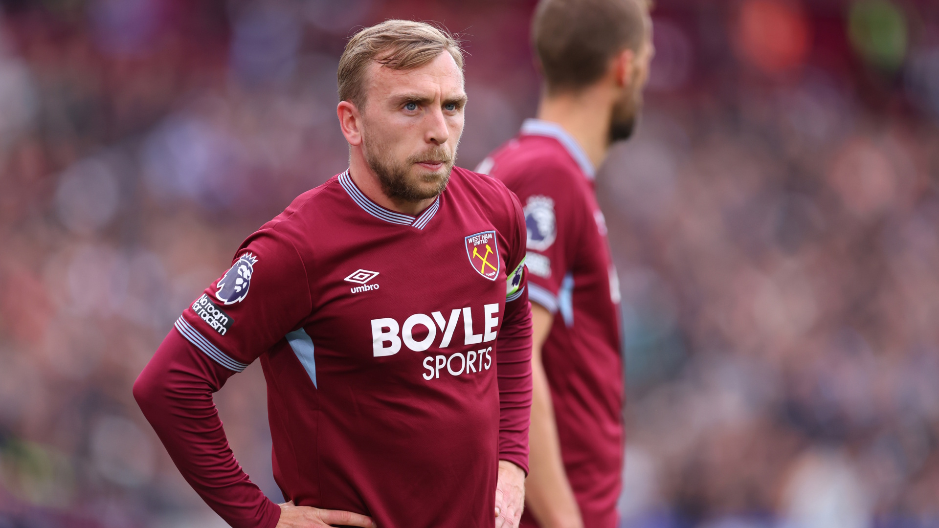 Jarrod Bowen of West Ham United looking pensive during a Premier League soccer match.