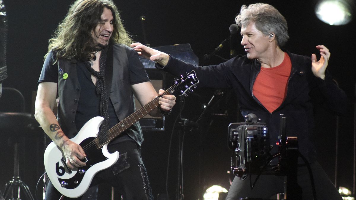 Phil X and Jon Bon Jovi on stage in 2018