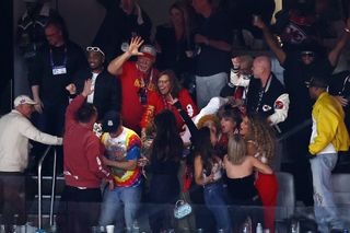 Actor Miles Teller, singer Lana Del Rey, singer Ice Spice, singer Taylor Swift, and actress Blake Lively celebrate after the Kansas City Chiefs defeated the San Francisco 49ers 25-22 in overtime during Super Bowl LVIII at Allegiant Stadium on February 11, 2024.
