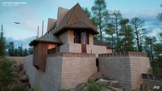3D Rendering of a mountain house designed by Frank Lloyd Wright.
