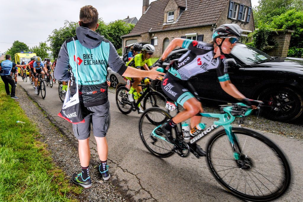 GALMAARDEN BELGIUM JUNE 24 Jessica Allen of Australia and Team Bikeexchange Soigneur at feed zone during the 9th Lotto Belgium Tour 2021 Stage 2 a 1375km stage from Galmaarden to Galmaarden LottoBelgTour LottoBelgiumTour on June 24 2021 in Galmaarden Belgium Photo by Luc ClaessenGetty Images