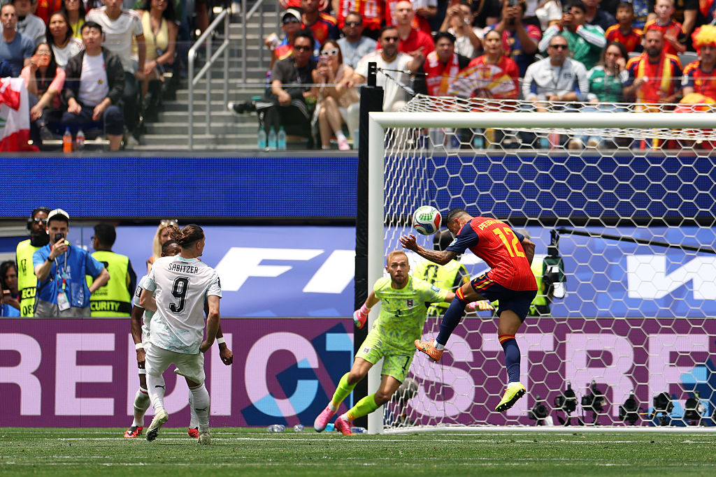 INGLEWOOD, CALIFORNIA - JULY 02: Pedro Porro #12 of Spain scores his team&amp;rsquo;s second goal during the FIFA World Cup 2026 Round of 32 match between Spain and Austria at Los Angeles Stadium on July 02, 2026 in Inglewood, California. (Photo by Harry How/Getty Images)