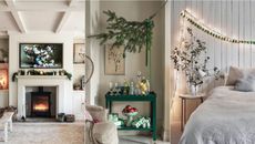 Last minute Christmas decor ideas. White living room with minimalist decoration, green bar cart with hanging foliage above, cozy bedroom with string lights