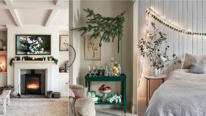 Last minute Christmas decor ideas. White living room with minimalist decoration, green bar cart with hanging foliage above, cozy bedroom with string lights