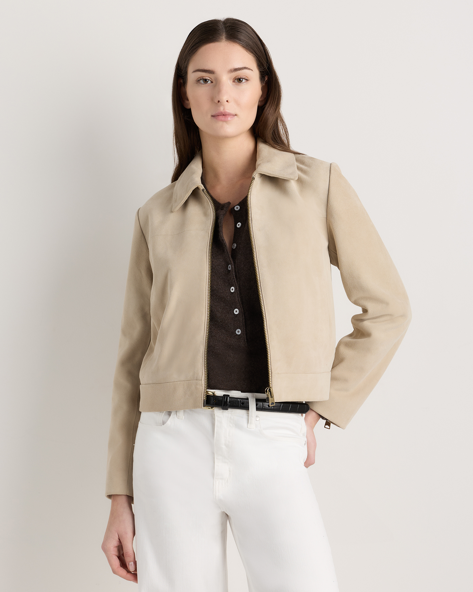 100% Suede Cropped Zip-Front Jacket