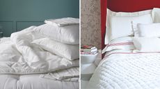 A split image header of a white folded duvet in a blue bedroom with panelled walls, and a red bed in a wallpapered room with white bedding, and a white bedside table with a stack of books on top.