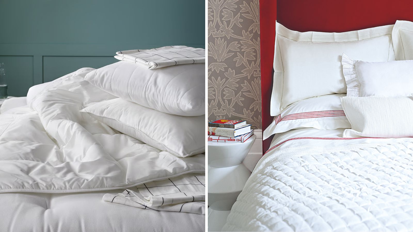 A split image header of a white folded duvet in a blue bedroom with panelled walls, and a red bed in a wallpapered room with white bedding, and a white bedside table with a stack of books on top.