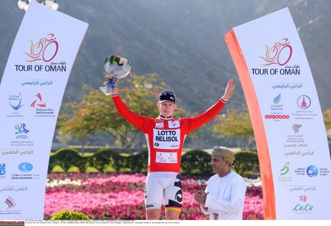 Andre Greipel (Lotto Belisol) in the Tour of Oman leader's jersey after winning stage 3