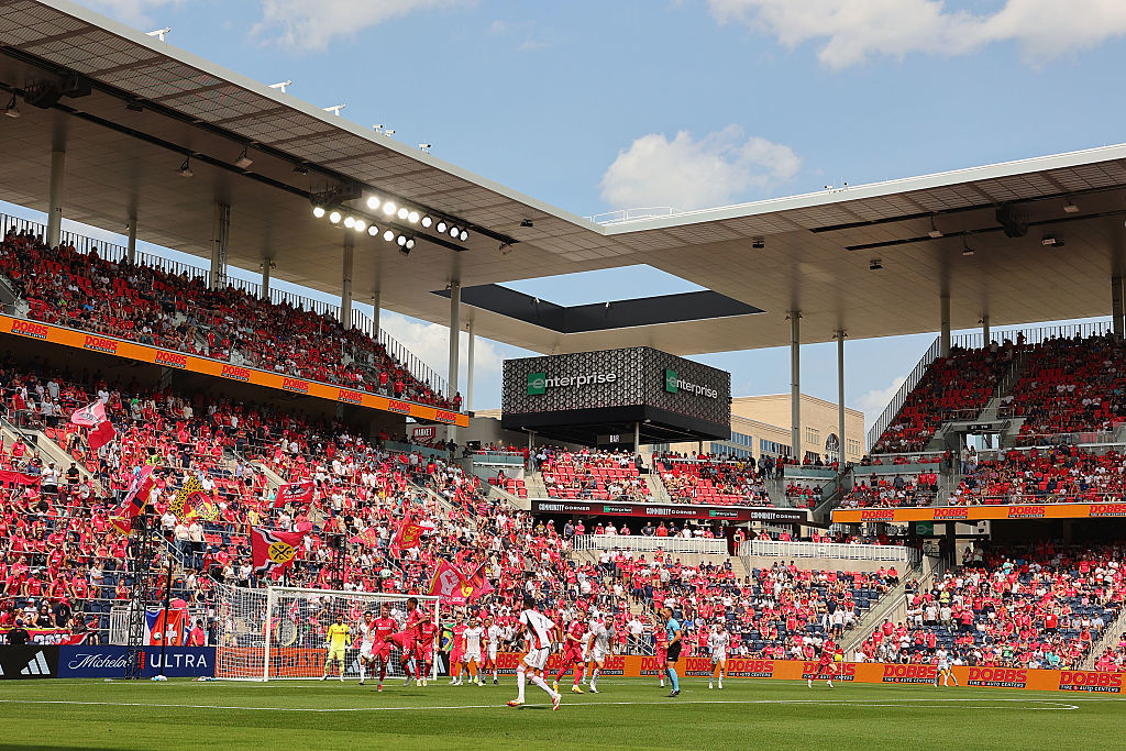 General view of the pitch during a match between the St. Louis City and the San Jose Earthquakes in the second half at Energizer Park on May 31, 2025 in St Louis, Missouri.