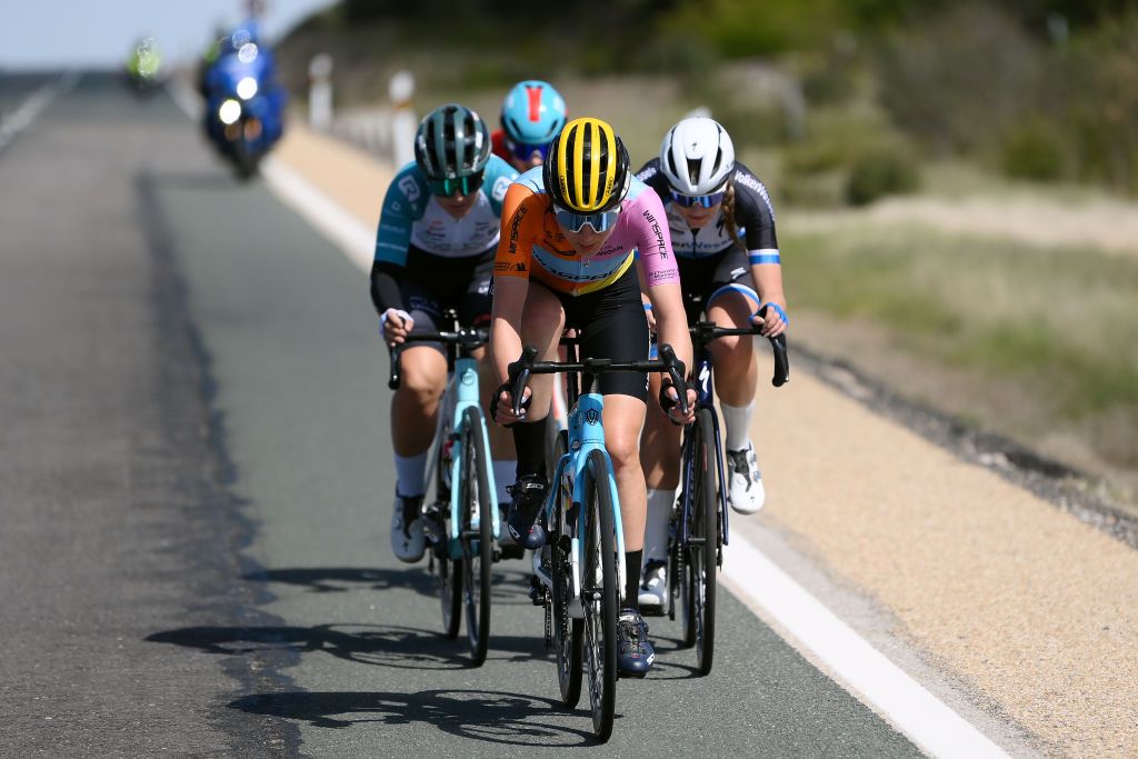 VINUESA SPAIN MAY 03 LR Claudia San Justo of Spain and Eneicat CMTeam Aurela Nerlo of Poland and Team Winspace and Laura Molenaar of The Netherlands and VolkerWessels Womens Pro Cycling Team compete in the breakaway during the 10th La Vuelta Femenina 2024 Stage 6 a 1321km stage from Tarazona to La Laguna Negra Vineuesa 1722m UCIWT on May 03 2024 in Vineuesa Spain Photo by Alex BroadwayGetty Images