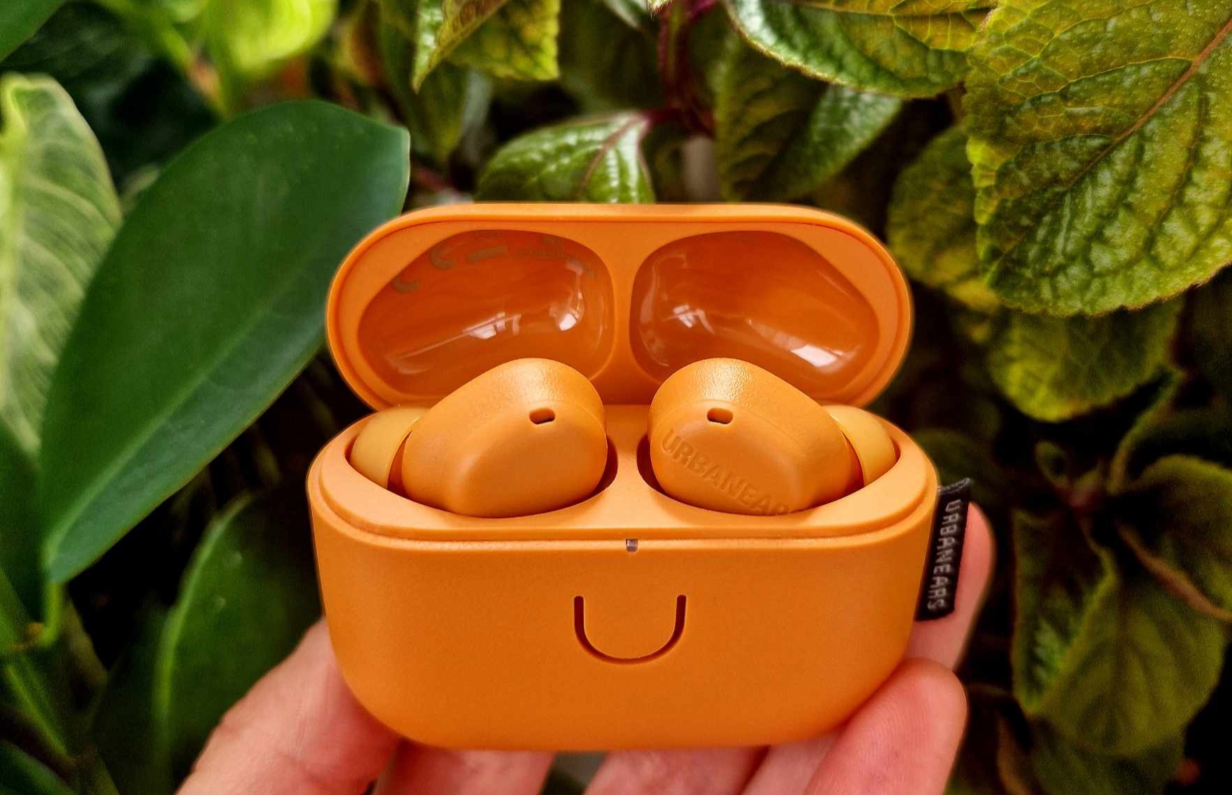 En hand håller upp ett par orange Urbanears Juno som ligger i sitt tillhörande laddningsfodral framför ett gäng gröna växter.