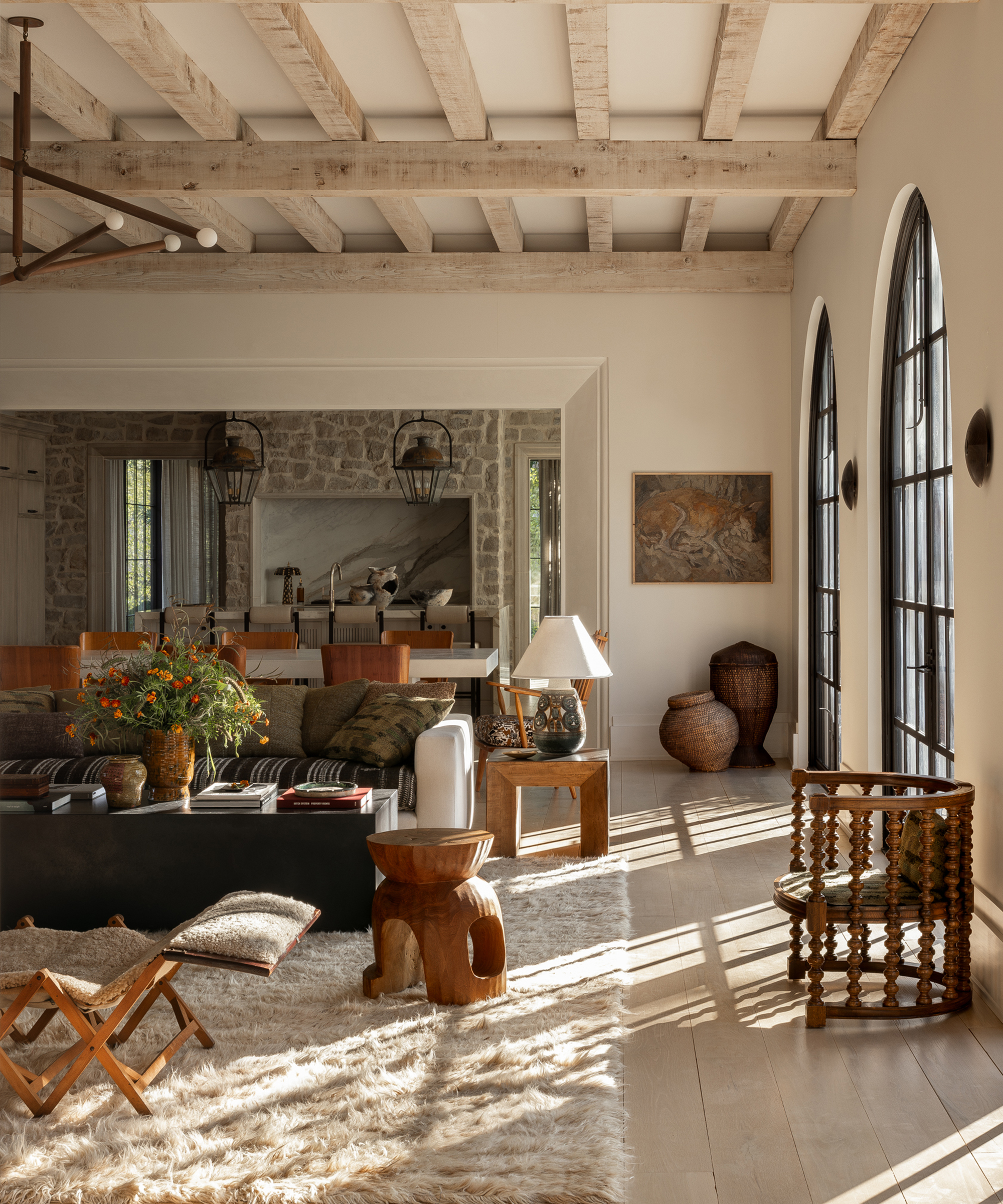 white living room with wood furniture and deep pile rug