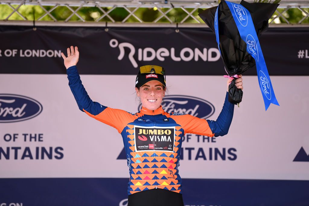 Anna Henderson wears the orange mountain jersey at RideLondon