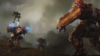 Five mechs preparing for a showdown from the BattleTech story trailer.