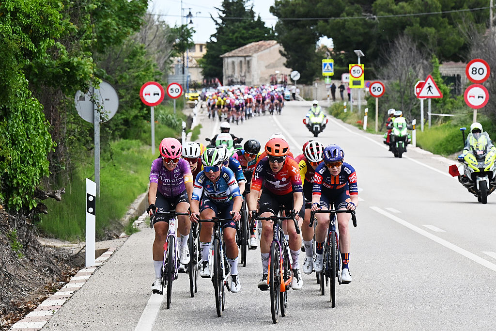 BORJA SPAIN MAY 07 LR Justine Ghekiere of Belgium and Team AG Insurance Soudal Romy Kasper of Germany and Team Human Powered Health and Josie Nelson of Great Britain and Team Picnic PostNL compete in the chase group during the 11th La Vuelta Femenina 2025 Stage 4 a 1116km stage from Pedrola to Borja UCIWWT on May 07 2025 in Borja Spain Photo by Szymon GruchalskiGetty Images