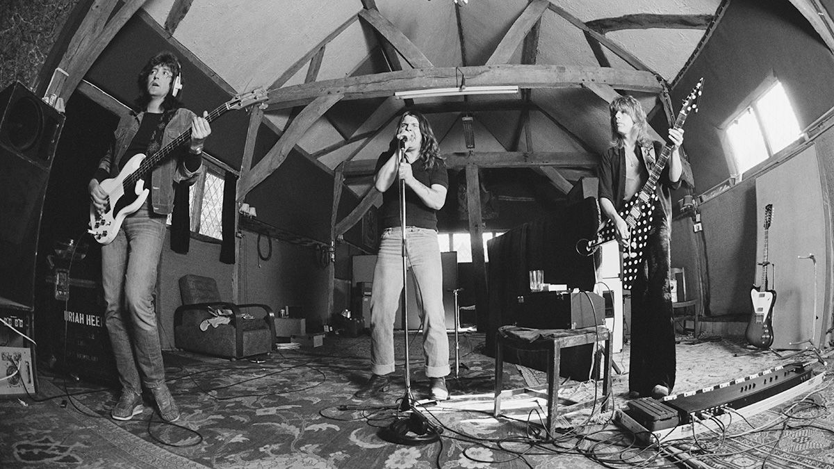 L-R: Bob Daisley, Ozzy Osbourne, Randy Rhoads, in studio recording &#039;Blizzard of Ozz&#039; album 