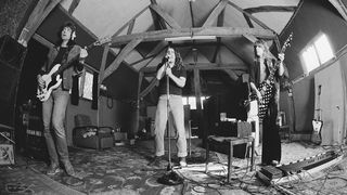 L-R: Bob Daisley, Ozzy Osbourne, Randy Rhoads, in studio recording &#039;Blizzard of Ozz&#039; album 