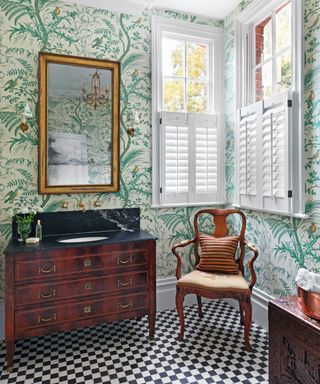 Wallpaper in a bathroom with antique furniture
